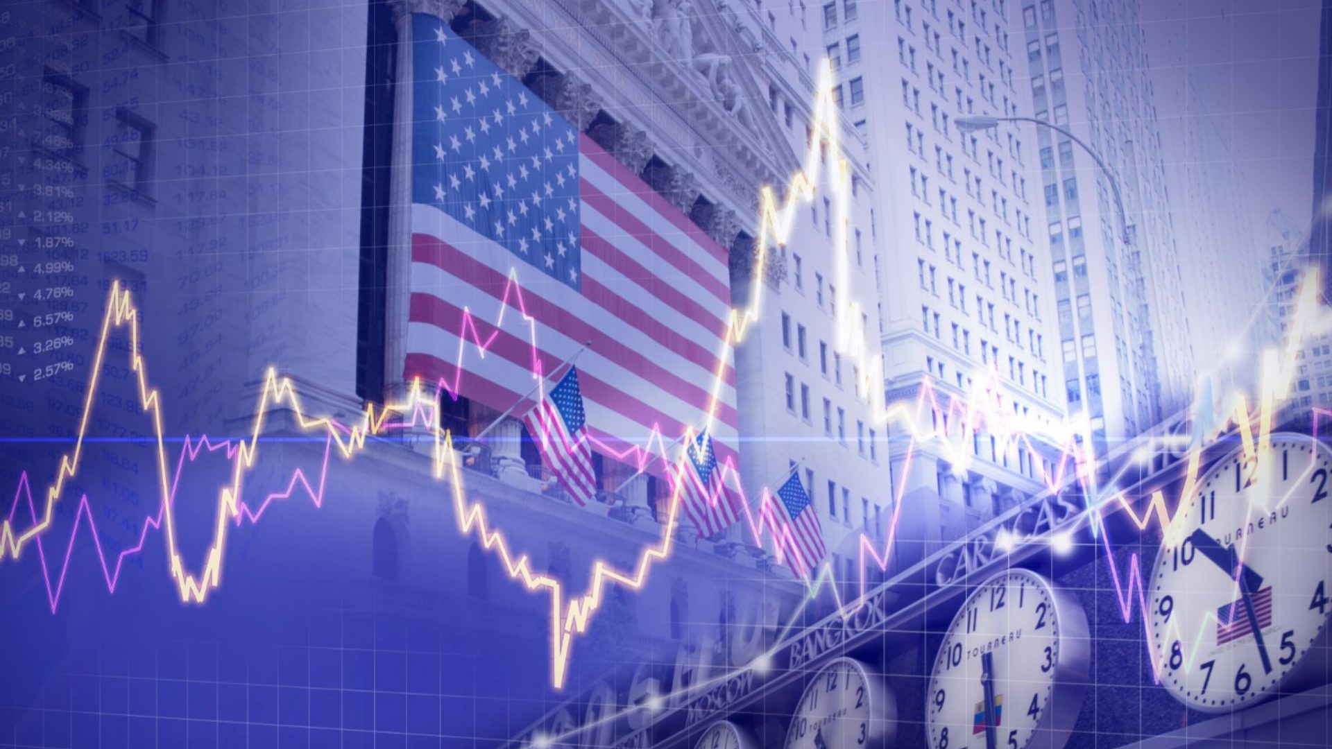 Photo of stock line graph with American flag in background